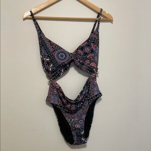 Floral mosaic patterned 2 piece high waisted swimsuit